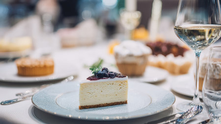 A dessert plate with cheesecake and berries, assorted pastries, and a glass of wine, all in a fine dining setting.の素材