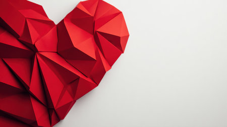 Bold geometric red shapes create a striking heart design, providing a modern and stylish background for advertising or promotions.の素材