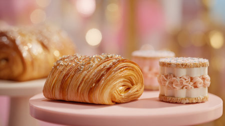 Premium pastries such as a glossy croissant and a delicate layered dessert are showcased in a luxurious cafe with elegant lighting.の素材