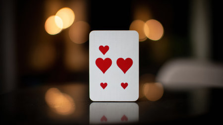 A simple white card featuring red hearts is set against a beautifully blurred background of heart-shaped lights, creating a soft, romantic feel.の素材