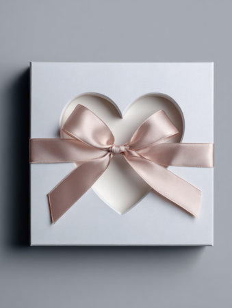 A minimal gift box featuring a heart-shaped cutout and soft ribbon rests on a soft gray background, ideal for corporate gifting.の素材