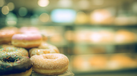 A collection of donuts stacked in a tower greets visitors in a pastel bakery, creating a sweet and inviting atmosphere filled with soft colors.の素材