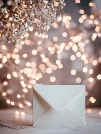 A premium empty card and envelope are placed on a soft surface, illuminated by warm bokeh lights, creating a romantic atmosphere.の素材