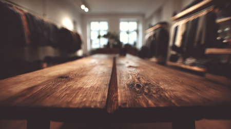 A boutique interior shows a blurred clothing rack in the background and a wooden table in the foreground with a central gap for decor.の素材