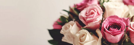 A soft blurred bouquet of roses features shades of pink and white against a bright airy background ideal for adding text.の素材