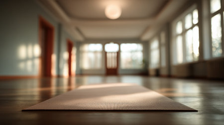 The serene atmosphere features a yoga mat placed in a meditation space, softly illuminated by morning light coming through windows.の素材