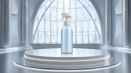 Bright sterile lighting highlights a disinfectant spray bottle on a glass podium in a contemporary bathroom setting with chrome accents.の素材