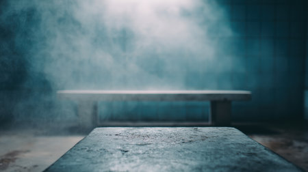 A serene steam wellness room enveloped in fog features a stone bench in the foreground, creating a calming escape for relaxation.の素材