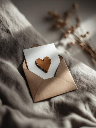An elegant envelope holds a blank card adorned with a heart-shaped wax seal, ideal for expressing love or writing personal messages.の素材