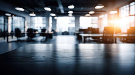 Black desk surface captures sunlight in a blurred office setting during working hours, showcasing a minimal and modern corporate space.の素材