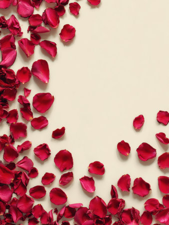 Soft red rose petals are arranged along the border of a cream background, leaving the room in the center for a personalized message.の素材