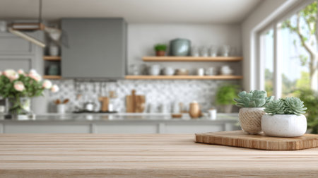 Clear space on a wooden counter highlights premium cat food, set against a stylish modern kitchen with blurred decor.の素材
