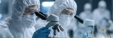 Medical experts in protective clothing examine samples under a microscope in a laboratory, focusing on important disease control measures.の素材