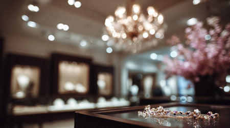 Jewelry sits elegantly on a display table, reflecting soft lights from a chandelier, creating a dreamy ambiance in a refined space.の素材