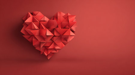 Red geometric shapes form a stylish heart design, set against a solid background, providing a blank area suitable for ad placements.の素材