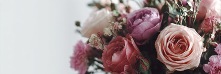 Bouquet of blurred rose flowers in soft colors arranged beautifully, creating a romantic atmosphere with a bright center for text.の素材