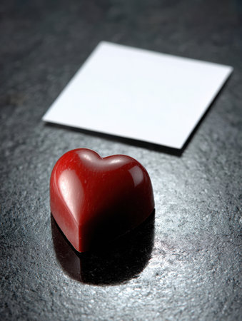An empty greeting card is resting next to a heart-shaped chocolate on a glossy surface, ideal for expressing love and affection.の素材