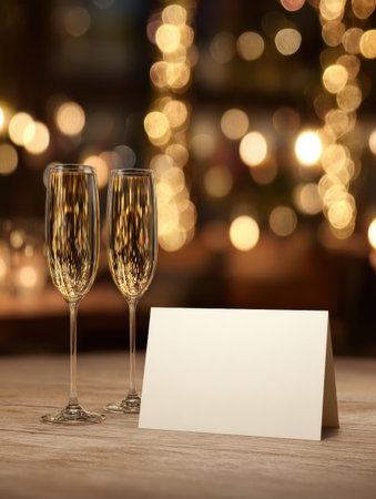 Cheerful setting with blurred lights and champagne glasses next to a blank card ready for personalizing. Perfect for a joyous occasion.の素材