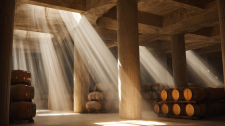 Warm light slices through the fog in a wine cellar, highlighting barrels stacked along the walls in a serene atmosphere.の素材