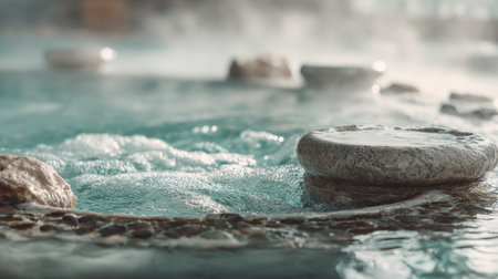 Gentle bubbles rise from warm thermal spa water, creating a soothing atmosphere around smooth stones that reflect the serene environment.の素材