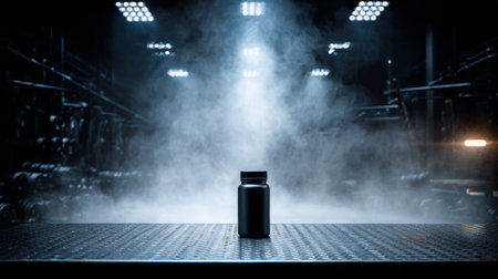 Protein powder stands on a dark metal table in a gym, surrounded by blurred gym equipment and dramatic lighting effects, inviting focus.の素材
