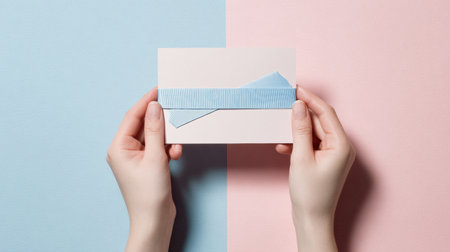 Greeting card mockup is displayed, with a ribbon clip highlighting a blank area for personalized messages on a pastel backdrop.の素材