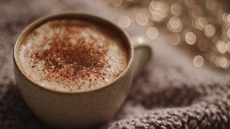 A soothing chai latte sits on a soft blanket, illuminated by warm light, creating a cozy autumn atmosphere with a dreamy background.の素材