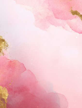 Soft blush pink watercolor wash with golden glitter strokes provides a lovely backdrop for elegant greeting messages.の素材