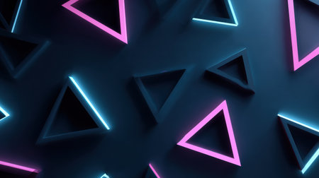 A collection of soft neon glowing triangles floats against a dark minimalist background, providing a striking visual contrast with a center gap.の素材