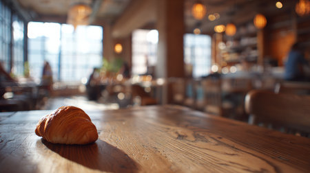 Croissant sits on a wooden table as warm morning light fills the cozy cafe, creating a relaxed atmosphere with blurred patrons nearby.の素材
