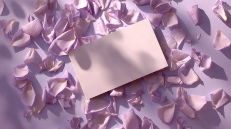 A simple blank card lies on a soft pastel surface scattered with light purple petals, casting gentle shadows in the warm light.の素材