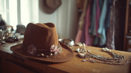 A stylish hat adorned with flowers rests on a wooden desk surrounded by jewelry. The scene has a soft, blurred background, creating a warm atmosphere.の素材