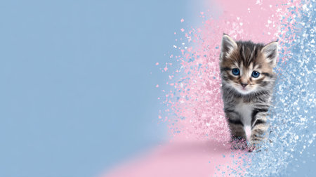 A playful kitten sends heart sparks from its paws while exploring a soft pastel gradient backdrop, creating a charming and whimsical scene.の素材