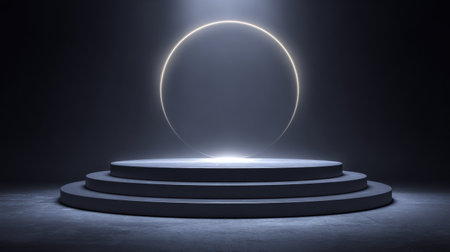 Podium features a sleek design with soft specular highlights, set in a dark, premium environment designed for impactful displays.の素材