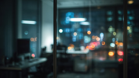 An abstract scene captures a night office interior with a blurred workspace, colorful lights, and a calm atmosphere.の素材