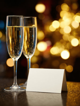 Champagne glasses shimmer next to a blank card, ready for heartfelt messages during a celebration or special event.の素材