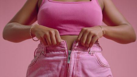 A woman is bending slightly, attempting to zip her jeans. She is wearing a pink crop top and the background is bright and colorful.の素材
