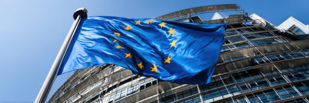Bright blue sky showcases EU flag fluttering next to a contemporary parliament structure, embodying freedom and partnership in Europe.の素材
