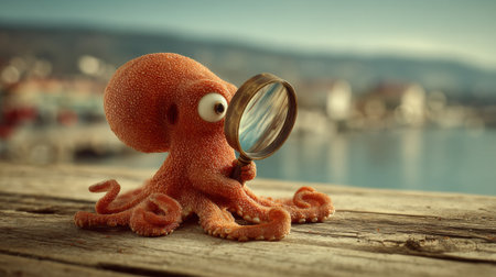A playful octopus is using a magnifying glass, looking curiously at the beautiful landscape in the background on a sunny day.の素材