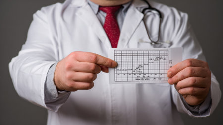 A doctor explains body mass index using a chart besides a close-up of a belly, promoting health awareness in a medical setting.の素材
