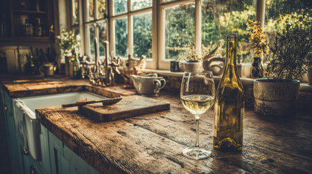 Warm sunlight fills a rustic kitchen, highlighting a bottle of wine and a glass on a rough wooden counter surrounded by fresh herbs and flowers.の素材