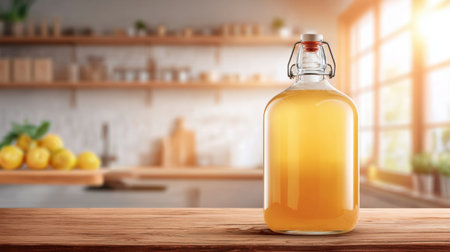 A kombucha bottle sits on a glass podium in a blurred kitchen, illuminated by warm sunlight streaming through a window.の素材