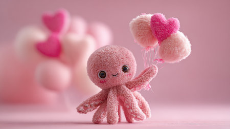 A charming octopus joyfully holds pastel balloons, perfect for a birthday ad. The soft background creates an inviting atmosphere.の素材