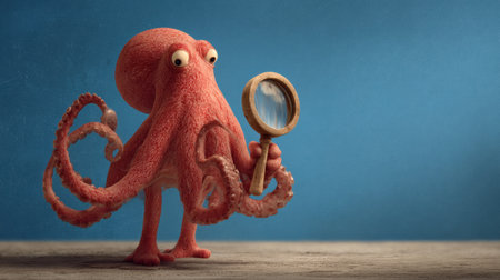 A curious octopus holds a magnifying glass, exploring with a detective theme in a large blank scenic layout, creating a playful atmosphere.の素材