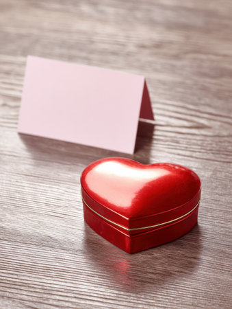 An empty greeting card stands next to a glossy heart-shaped chocolate box on a smooth surface, perfect for a special occasion.の素材