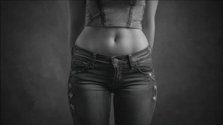 Wearing tight jeans, the subjects waistline is compressed, resulting in a visible belly bulge over the waistband, showing current fashion.の素材