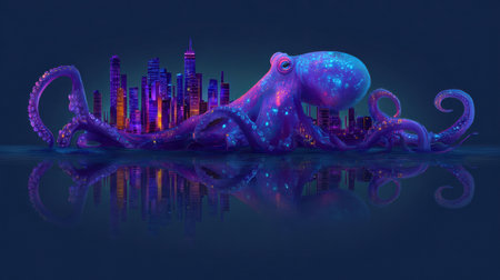 A colorful cyberpunk octopus rests with glowing tentacles near a bright underwater city filled with futuristic buildings during the night.の素材