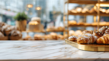 A marble countertop showcases delicious pastries in a warm bakery interior, inviting customers on a bright morning.の素材