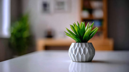 A modern vase holds a small green plant, placed on a white desk in a minimal beige interior, providing a calm and clean aesthetic.の素材