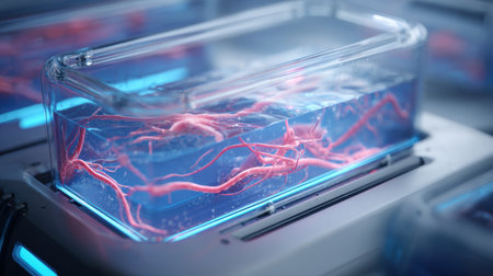 Biotech tank features glowing engineered octopus DNA strands suspended in liquid inside a modern clean laboratory setting.の素材